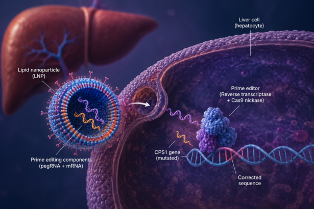 Prime editing therapy delivered by lipid nanoparticles correcting CPS1 gene mutation in liver cells