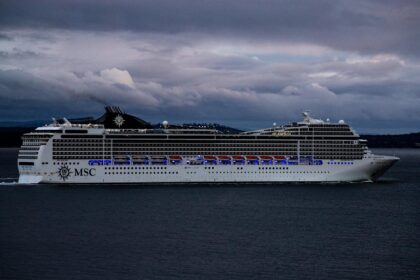 Cruise ship in Antarctic waters with medical emergency response illustration