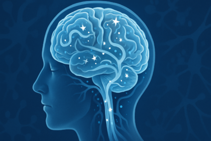 Diagram showing brain's glymphatic system with cerebrospinal fluid flow and astrocyte network