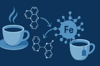 Scientific illustration showing polyphenol molecules binding to iron in digestive system
