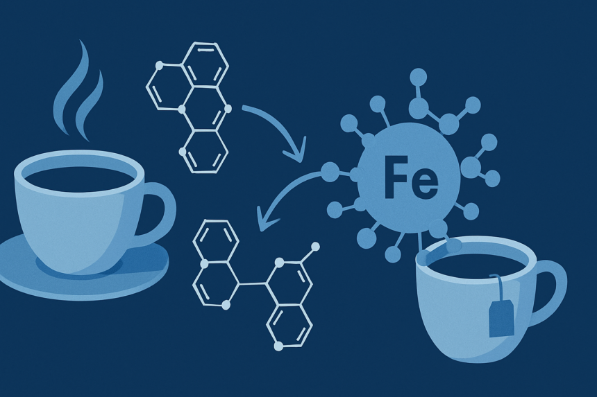 Scientific illustration showing polyphenol molecules binding to iron in digestive system