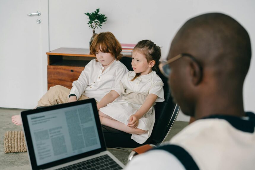 Children using digital mental health platform showing emotional well-being improvement graphs
