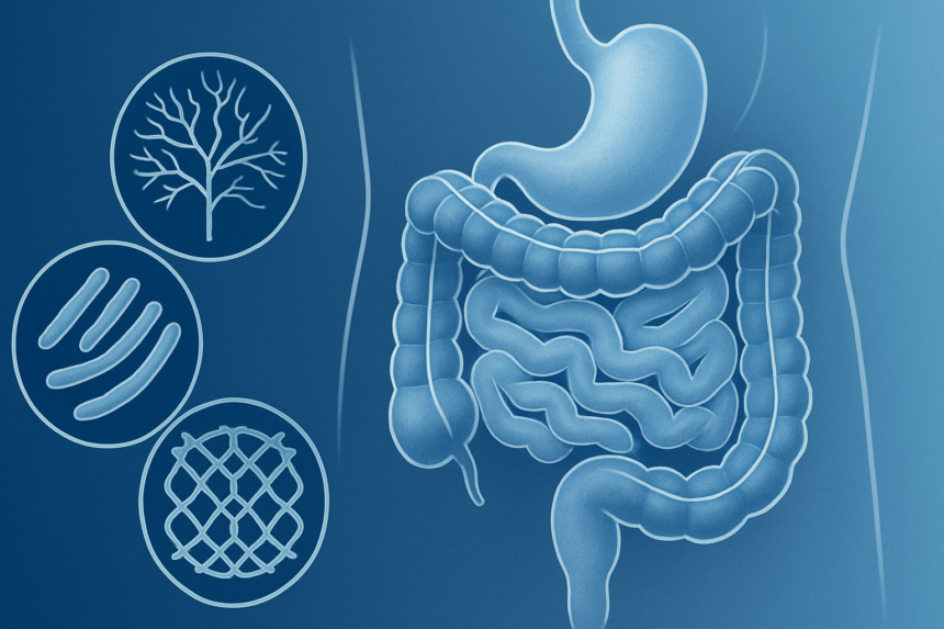 Scientific illustration showing different fiber types and their mechanisms of action in gut health