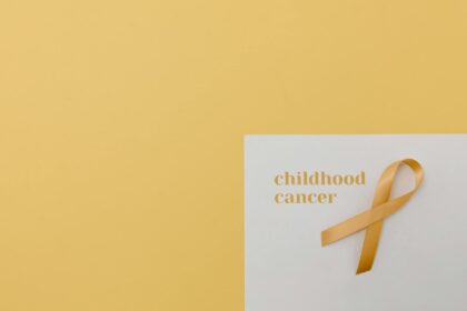 Medical illustration showing DNA helix with cancer risk assessment data for pediatric genetic testing