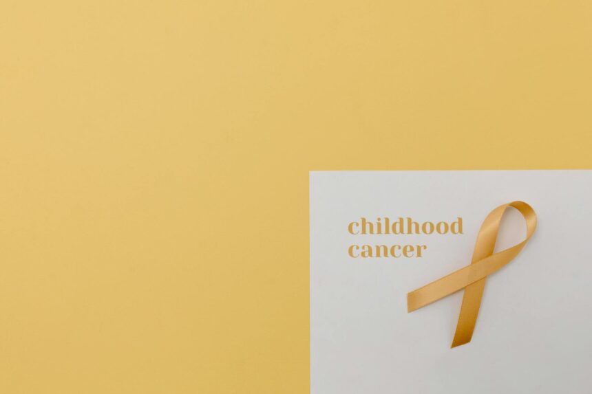 Medical illustration showing DNA helix with cancer risk assessment data for pediatric genetic testing