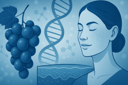 Scientific illustration of grape polyphenols activating skin cell pathways and improving collagen expression