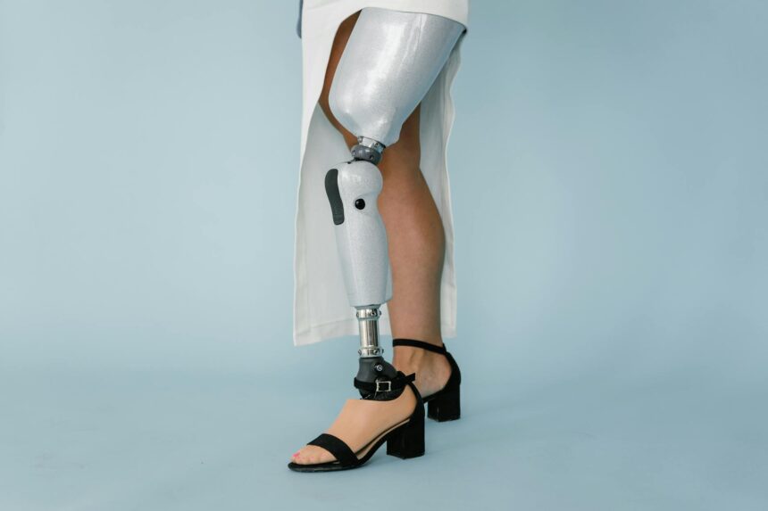 Medical researcher examining prosthetic foot with grid overlay assessment method