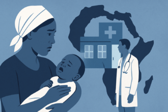 Healthcare worker examining infant in African clinic setting