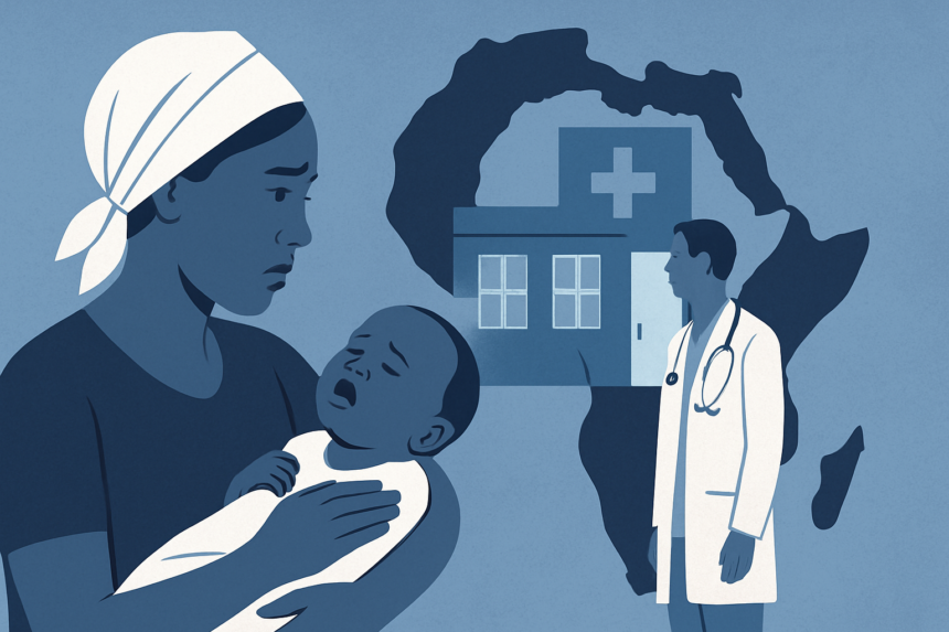 Healthcare worker examining infant in African clinic setting
