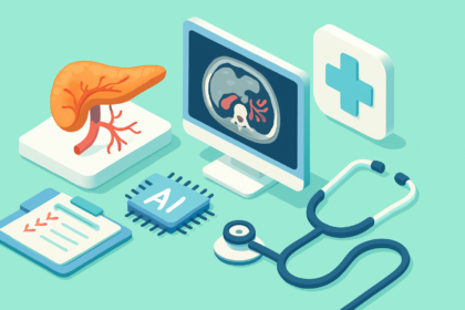 Medical imaging display showing pancreatic cancer vascular invasion assessment with AI assistance