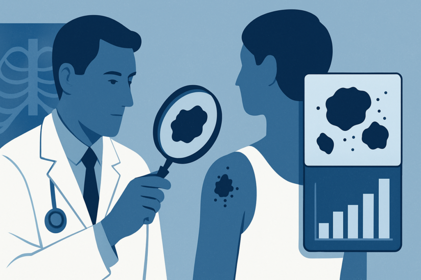 Dermatologist examining patient skin with dermoscope for melanoma screening