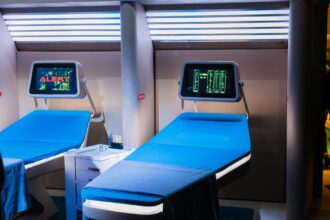 Medical researcher monitoring steam therapy equipment for diabetes treatment clinical trial