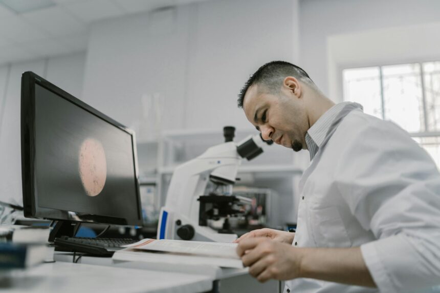 Medical professional examining retinal images on computer screen for HIV eye disease screening