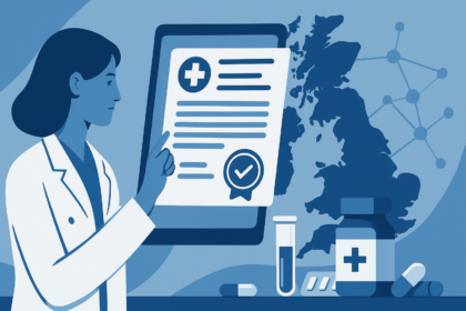 Digital interface showing UK MHRA electronic export certificate system for pharmaceutical companies