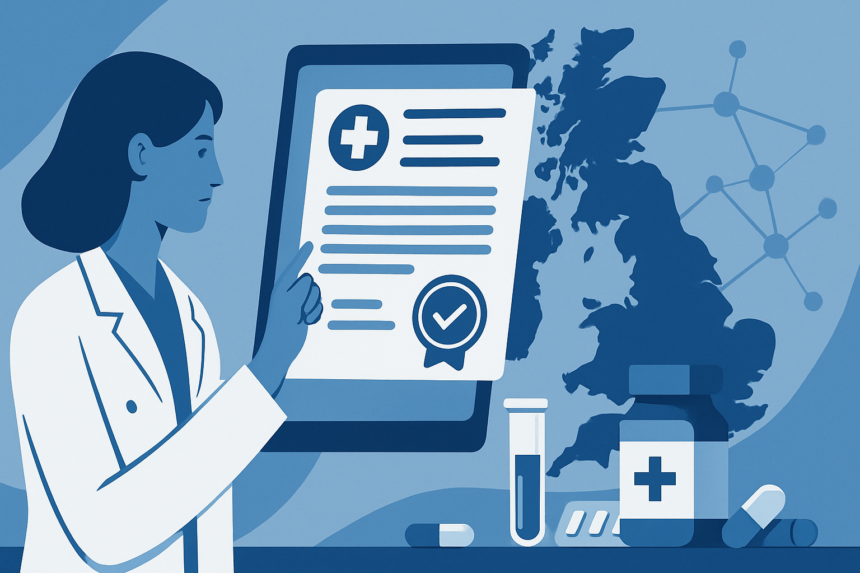 Digital interface showing UK MHRA electronic export certificate system for pharmaceutical companies