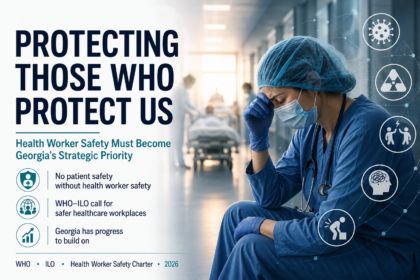 Healthcare worker experiencing occupational stress in a hospital setting, illustrating the importance of occupational safety and health, burnout prevention, infection control, workplace violence prevention, and health worker wellbeing in Georgia.