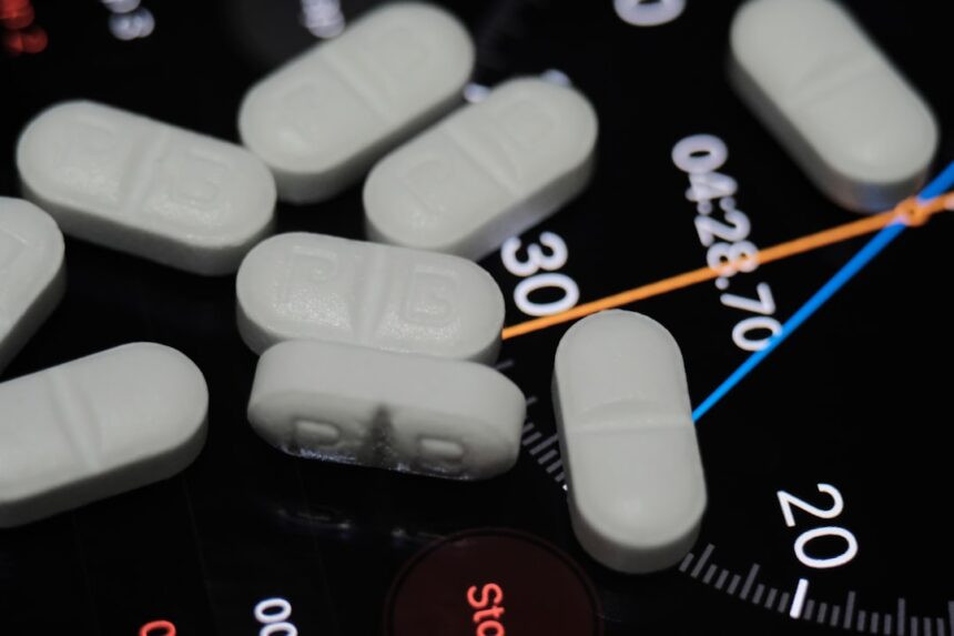 Hospital pharmacy with AI monitoring system interface showing drug dispensing data