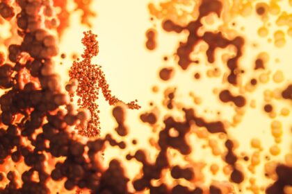 Illustration of microglia immune cells in brain tissue with amyloid-beta plaques