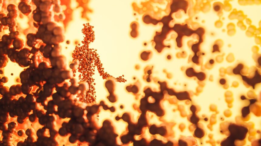 Illustration of microglia immune cells in brain tissue with amyloid-beta plaques