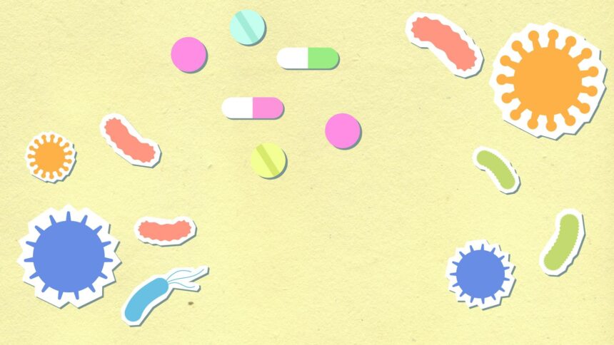 Scientific illustration showing climate change effects on bacterial antimicrobial resistance patterns