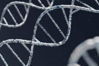 Medical illustration showing CRISPR gene editing process for hereditary angioedema treatment