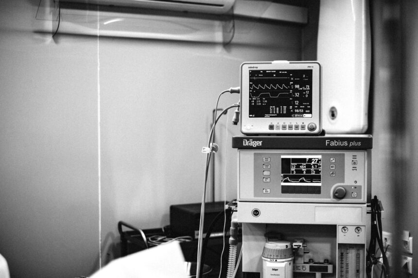 Anesthesia operating room with monitoring equipment and workstation