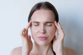 Illustration of migraine pathways and CGRP receptor antagonism mechanism in vestibular migraine treatment