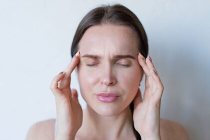 Illustration of migraine pathways and CGRP receptor antagonism mechanism in vestibular migraine treatment