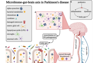Scientific illustration of gut microbiome bacteria and brain connection for Parkinson's disease research