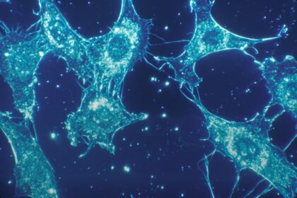 Glowing microtubule filaments showing dynamic assembly and disassembly inside a living cell under fluorescence microscopy