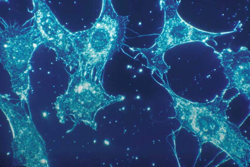 Glowing microtubule filaments showing dynamic assembly and disassembly inside a living cell under fluorescence microscopy