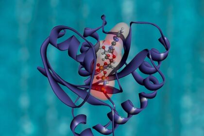 Scientific illustration of STING protein molecular structure and brain inflammation pathways