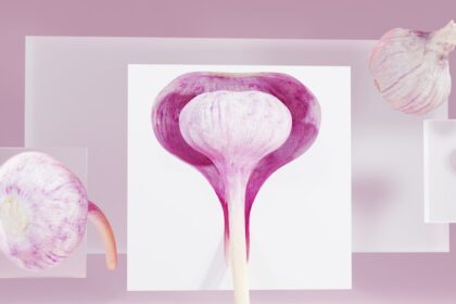 Medical illustration showing prostate cancer treatment targeting multiple pathways