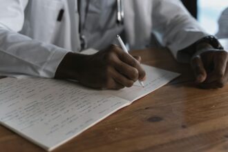 Medical records and vaccine research concept illustration