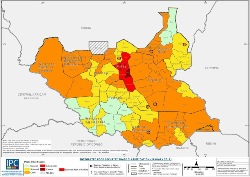 Humanitarian crisis in South Sudan showing statistics on food insecurity and child malnutrition