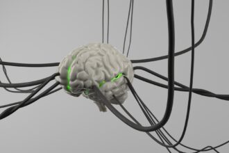 Medical illustration of spinal cord stimulation device for stroke rehabilitation therapy