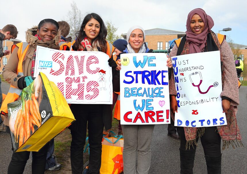 Hospital corridor during healthcare strike with reduced staffing