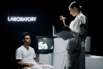 Illustration of collaborative AI agents analyzing clinical trial data and patient records