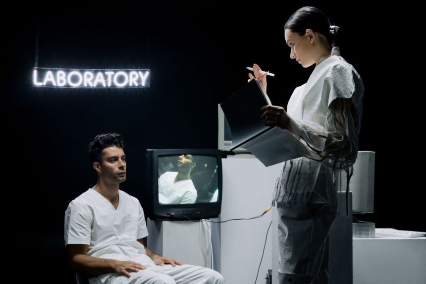 Illustration of collaborative AI agents analyzing clinical trial data and patient records