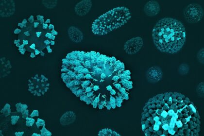 Illustration of foamy macrophage cells laden with lipid droplets in brain tissue during multiple sclerosis