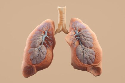 Chest X-ray showing pulmonary fibrosis pattern; abstract medical background