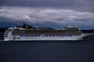 Cruise ship at port in San Francisco with medical personnel responding to outbreak