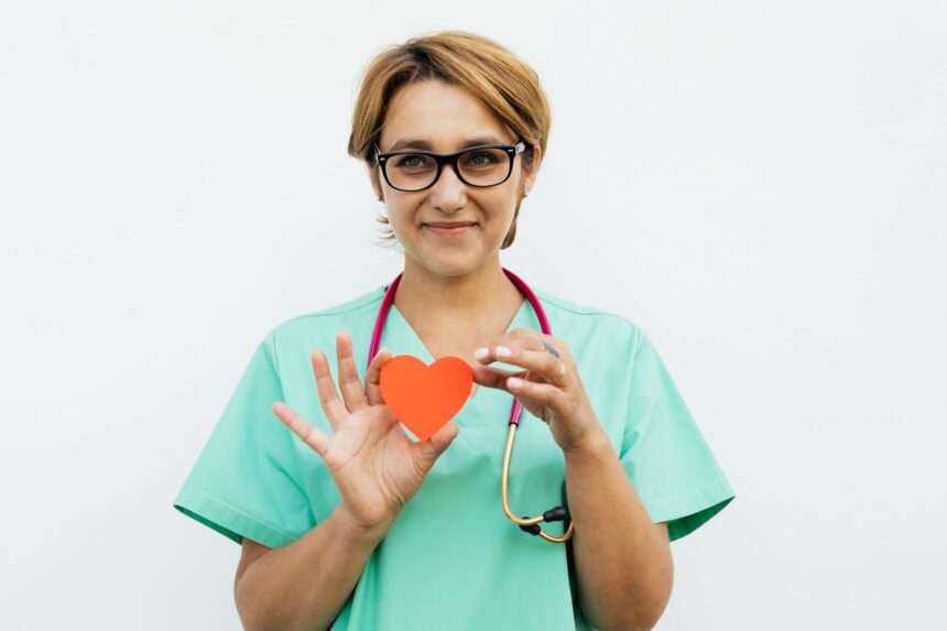 Illustration of interprofessional heart failure care team: cardiologist, nurse practitioner, pharmacist, and heart failure patient