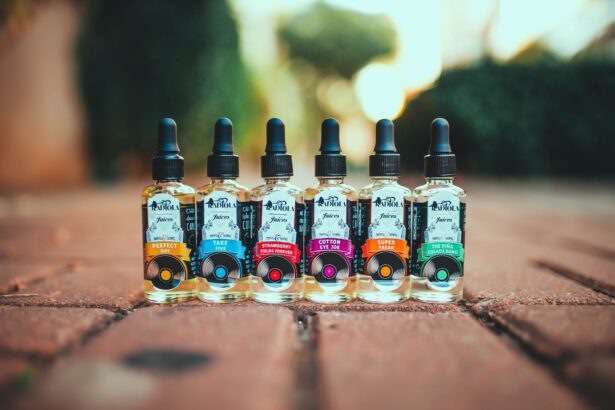 Electronic cigarette vape products with labels and packaging on display