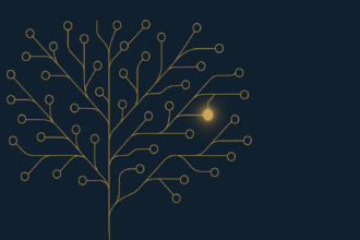 Abstract editorial illustration: neural network diagram with a highlighted warning signal node, representing pharmacovigilance. GMJ Editorial series.
