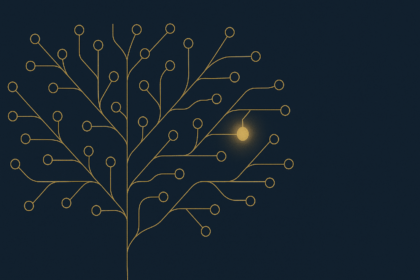 Abstract editorial illustration: neural network diagram with a highlighted warning signal node, representing pharmacovigilance. GMJ Editorial series.