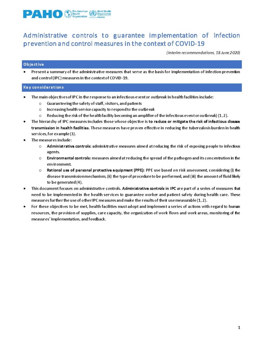 Cover of Administrative Controls to Guarantee Implementation of Infection Prevention and Control Measures in the Context of COVID-19, Pan American Health Organization
