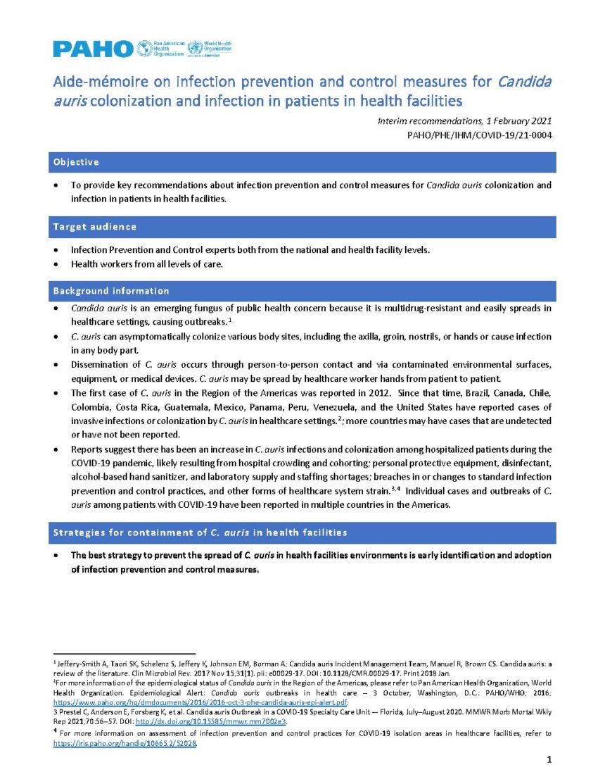 Cover of Aide-mémoire on infection prevention and control measures for Candida auris colonization and infection in patients in health facilities, Pan American Health Organization
