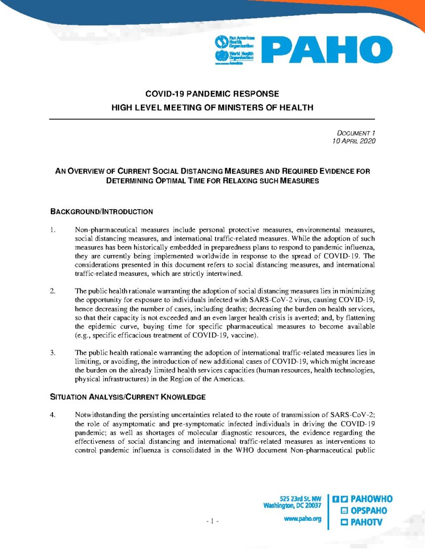 Cover of An Overview of Current Social Distancing Measures and Required Evidence for Determining Optimal Time for Relaxing Such Measures, Pan American Health Organization