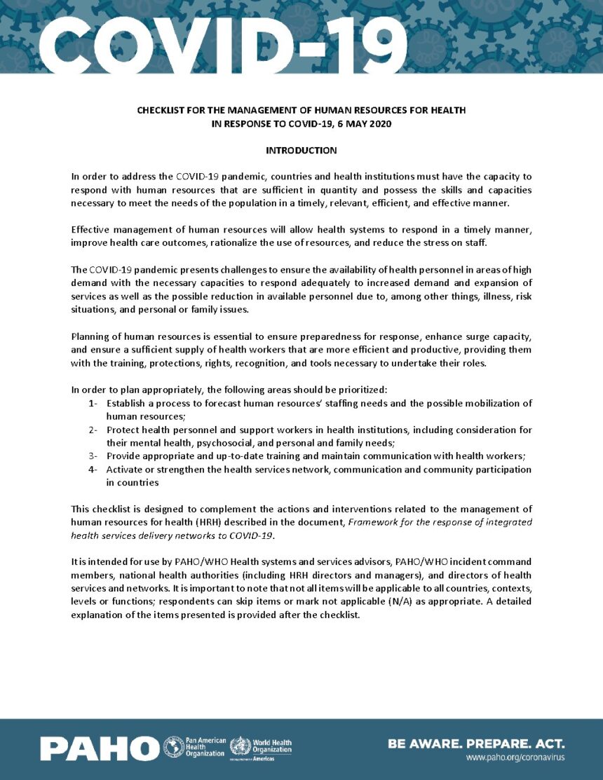 Cover of Checklist for the Management of Human Resources for Health in Response to COVID-19, Pan American Health Organization